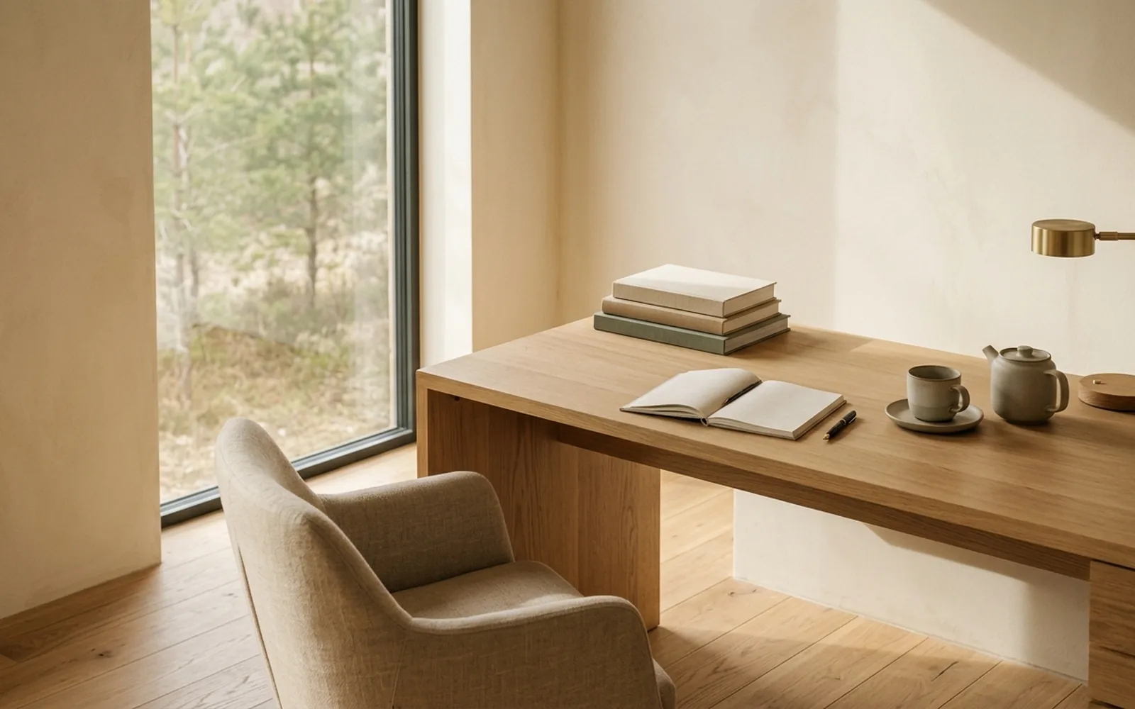 A minimal workspace with an open notebook and mug on an oak desk beside a window onto woodland.