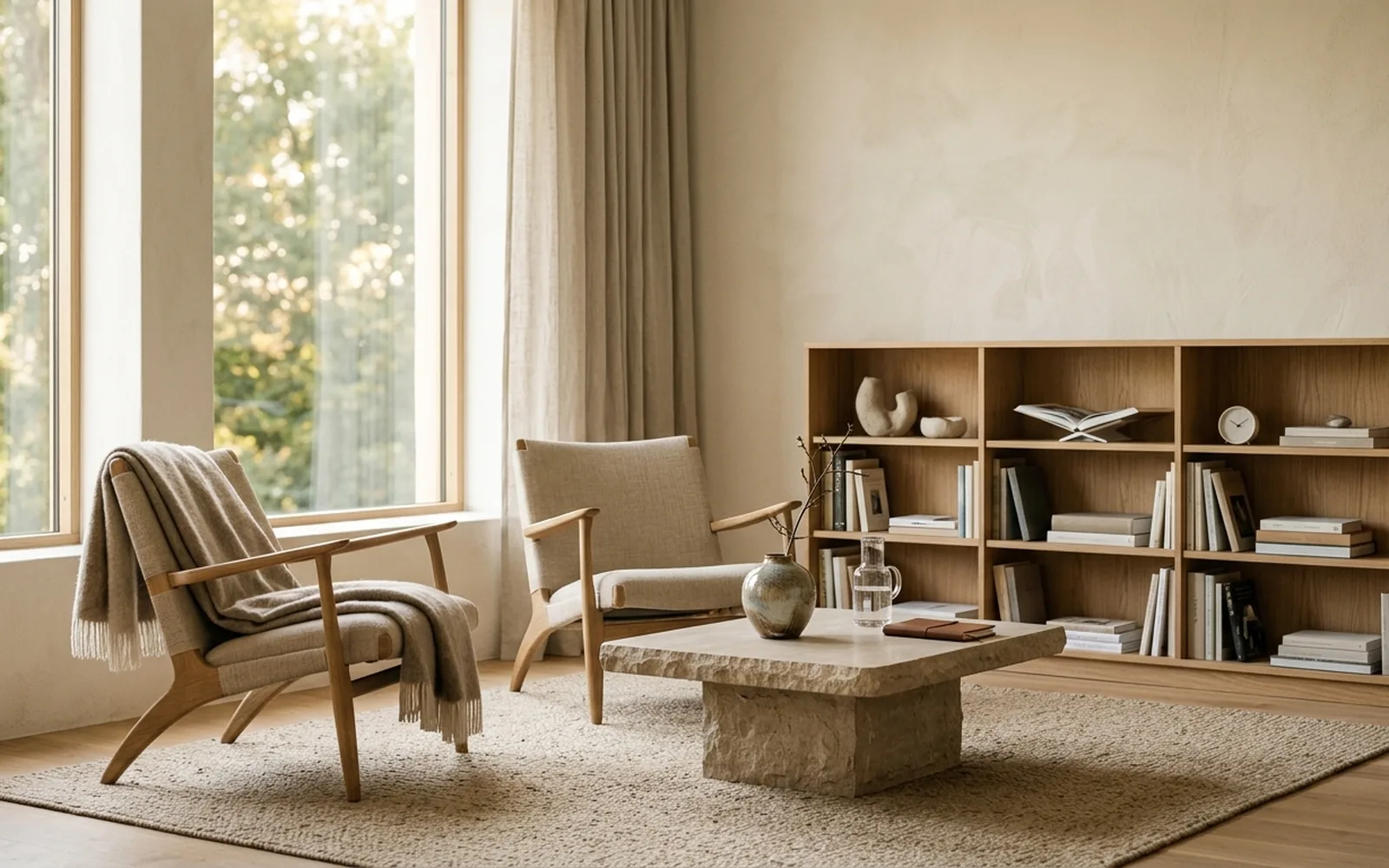 A quiet consultation room with a linen armchair, bookshelves and reference texts in natural light.