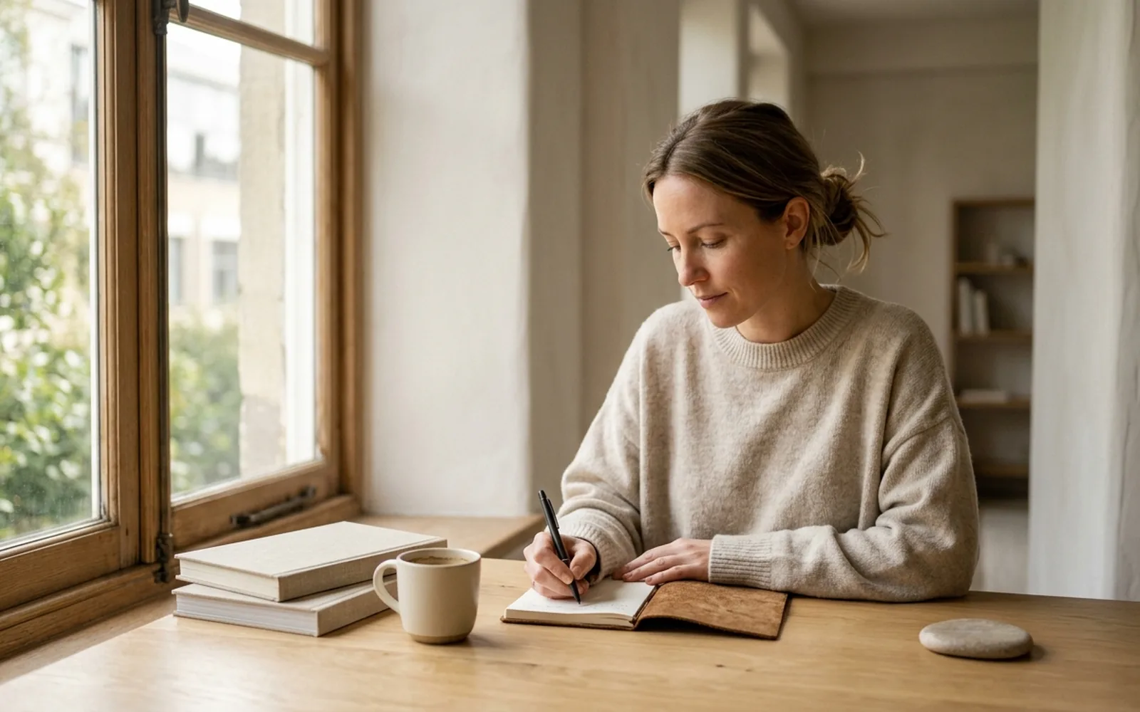 A woman writing notes in a journal at a sunlit desk beside a window.