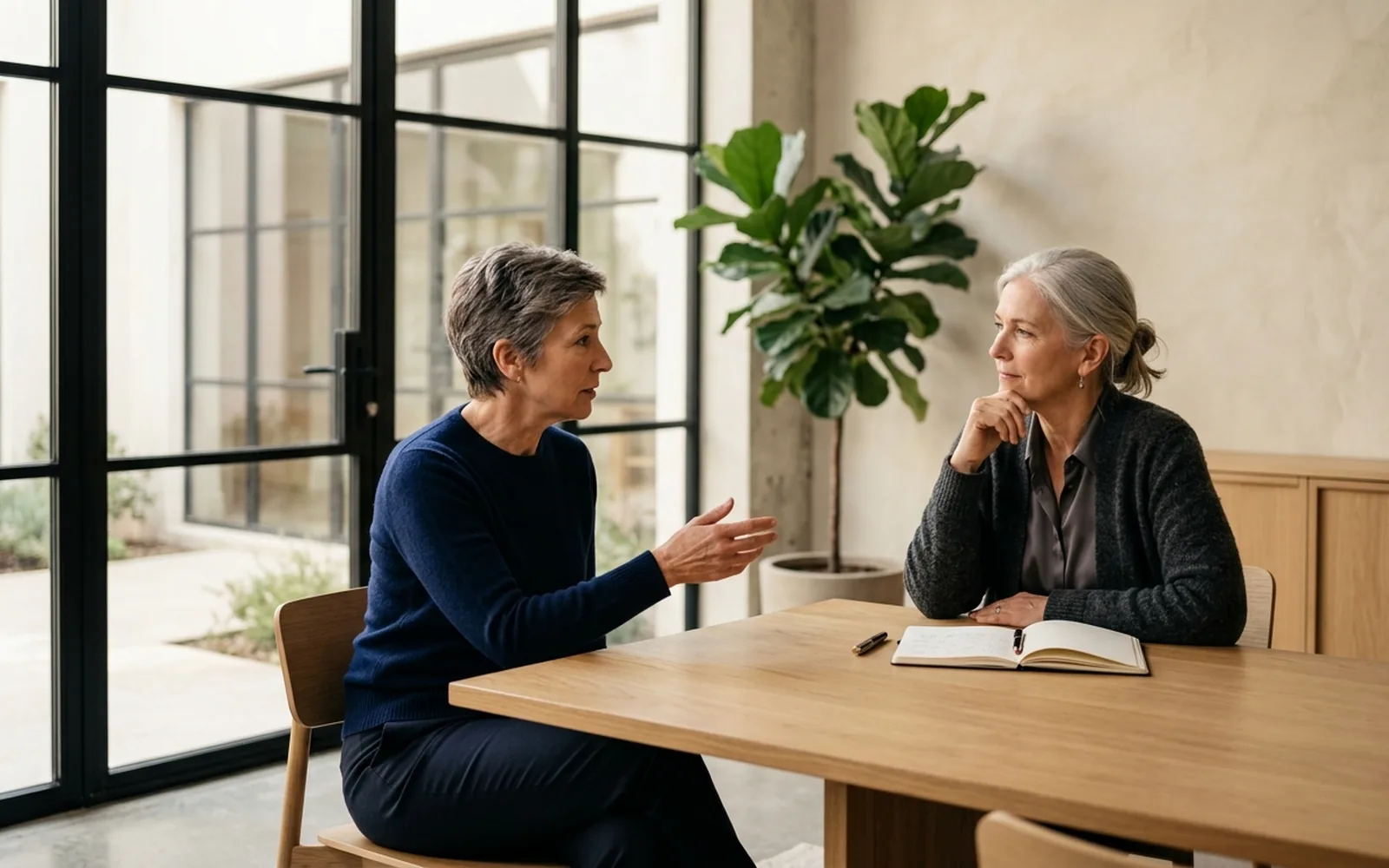 Two women in focused conversation across a table in a calm, glass-walled meeting space.
