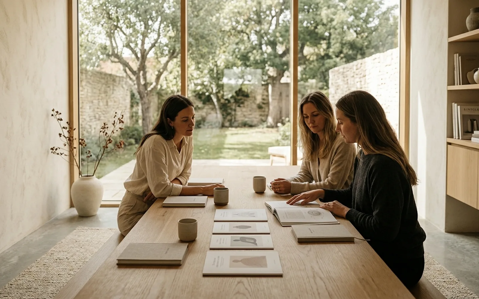 Women learning together around an oak table in a bright, plant-filled studio.