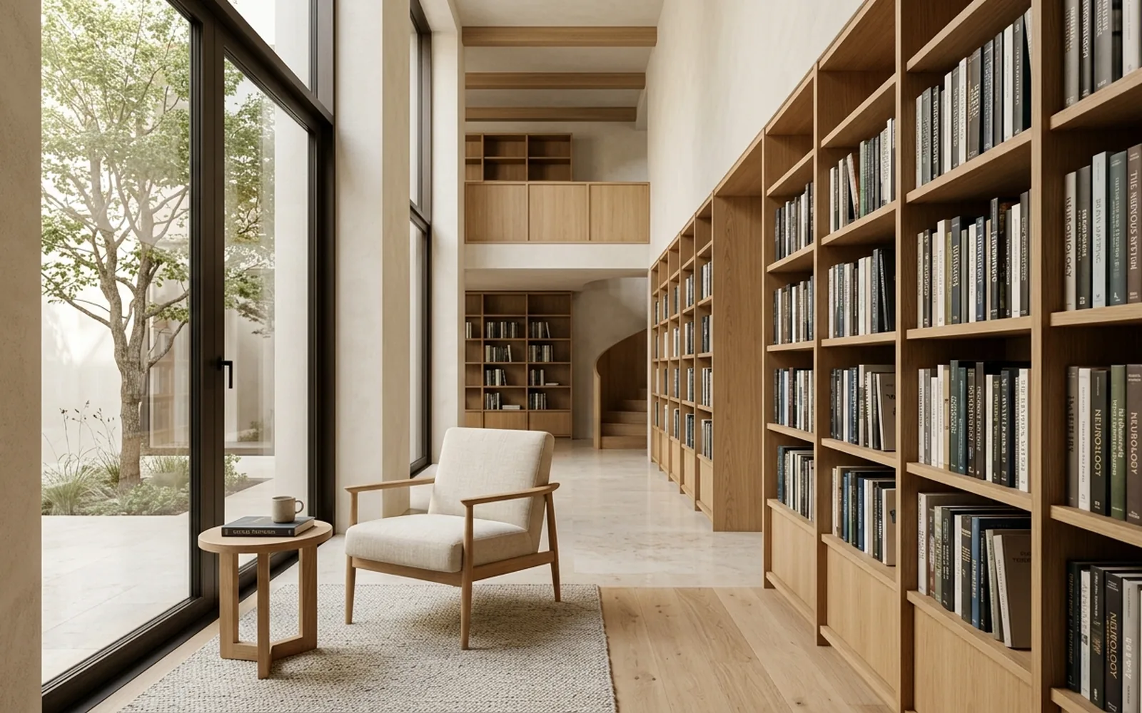 A neuroscience library with oak shelving and a reading chair beside a tall window.