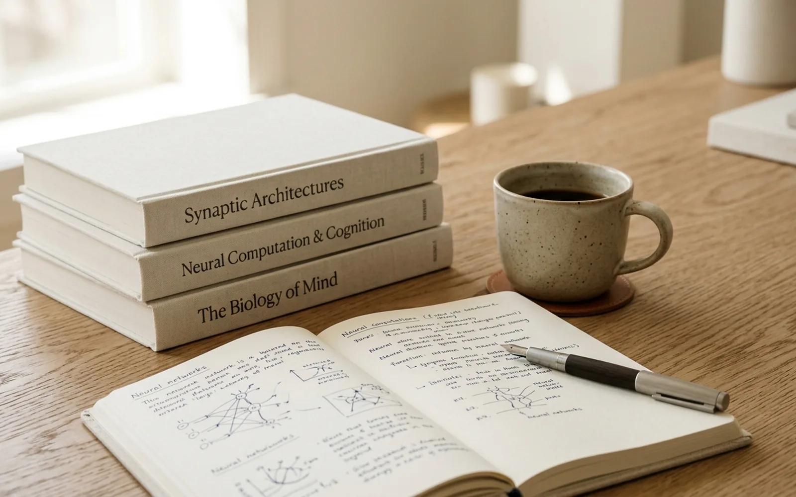 Stacked white neuroscience books, an open notebook and a mug on an oak desk by a window.