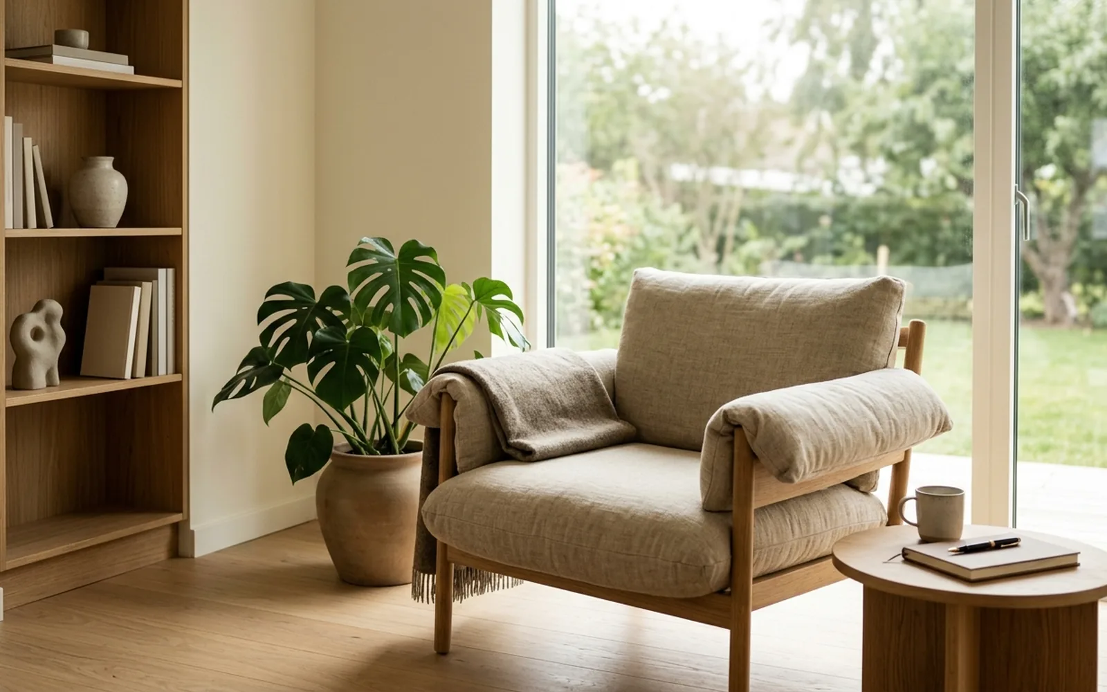 A minimal interior with a linen lounge chair, a potted plant and books by garden doors.