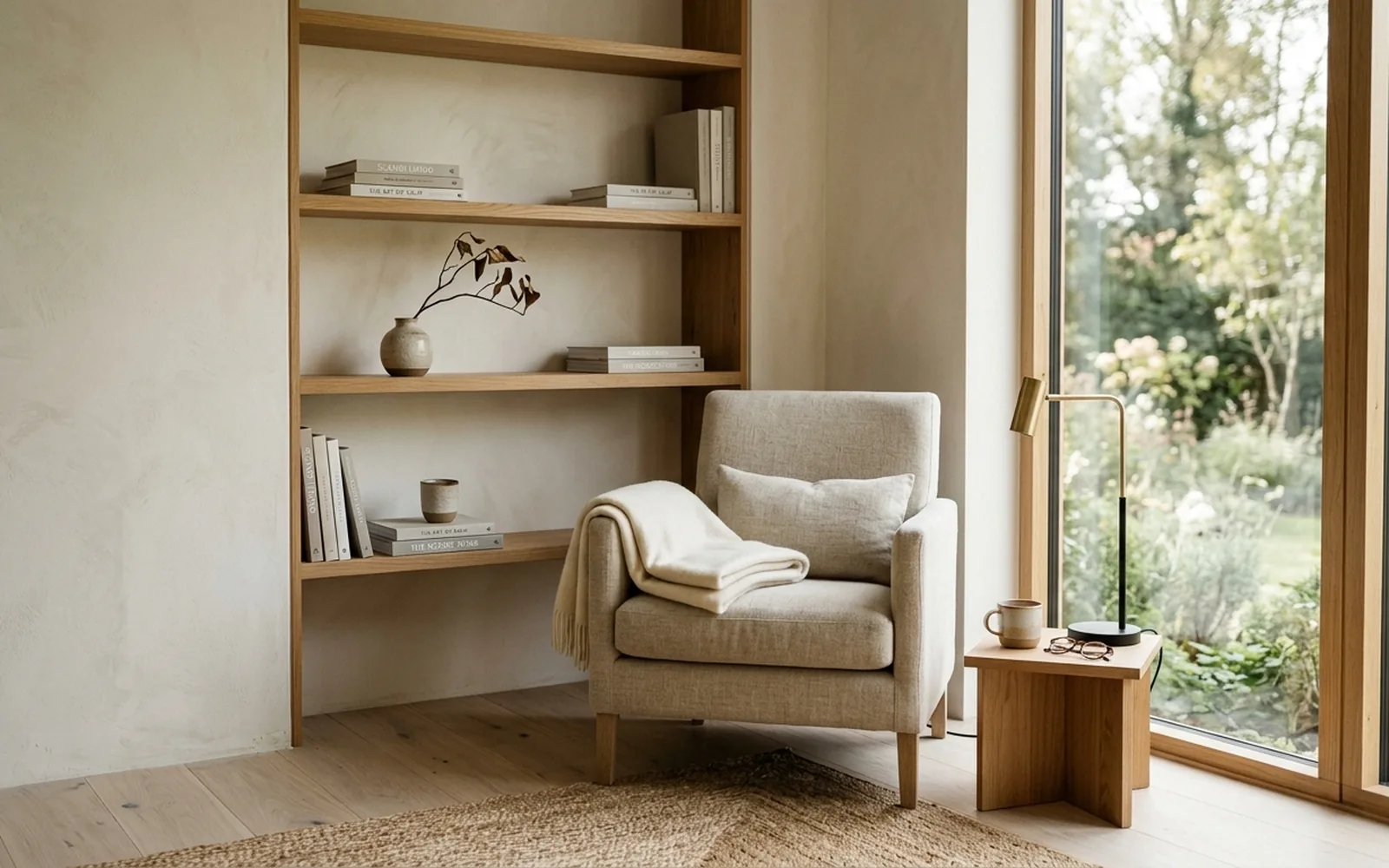A quiet reading corner with a linen armchair and bookshelves beside a garden window.