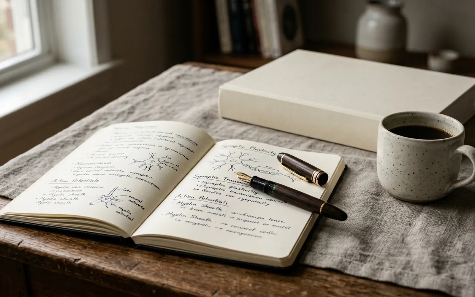 Notebook, book, pen and mug on an oak desktop