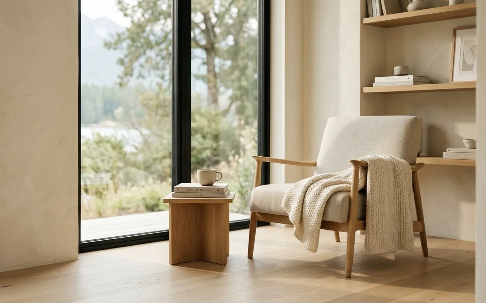 A quiet reading corner beside a bright window