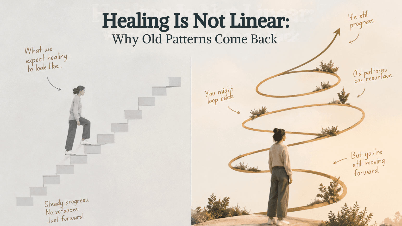 An upward spiral path shown beside a straight staircase, illustrating why healing is not linear