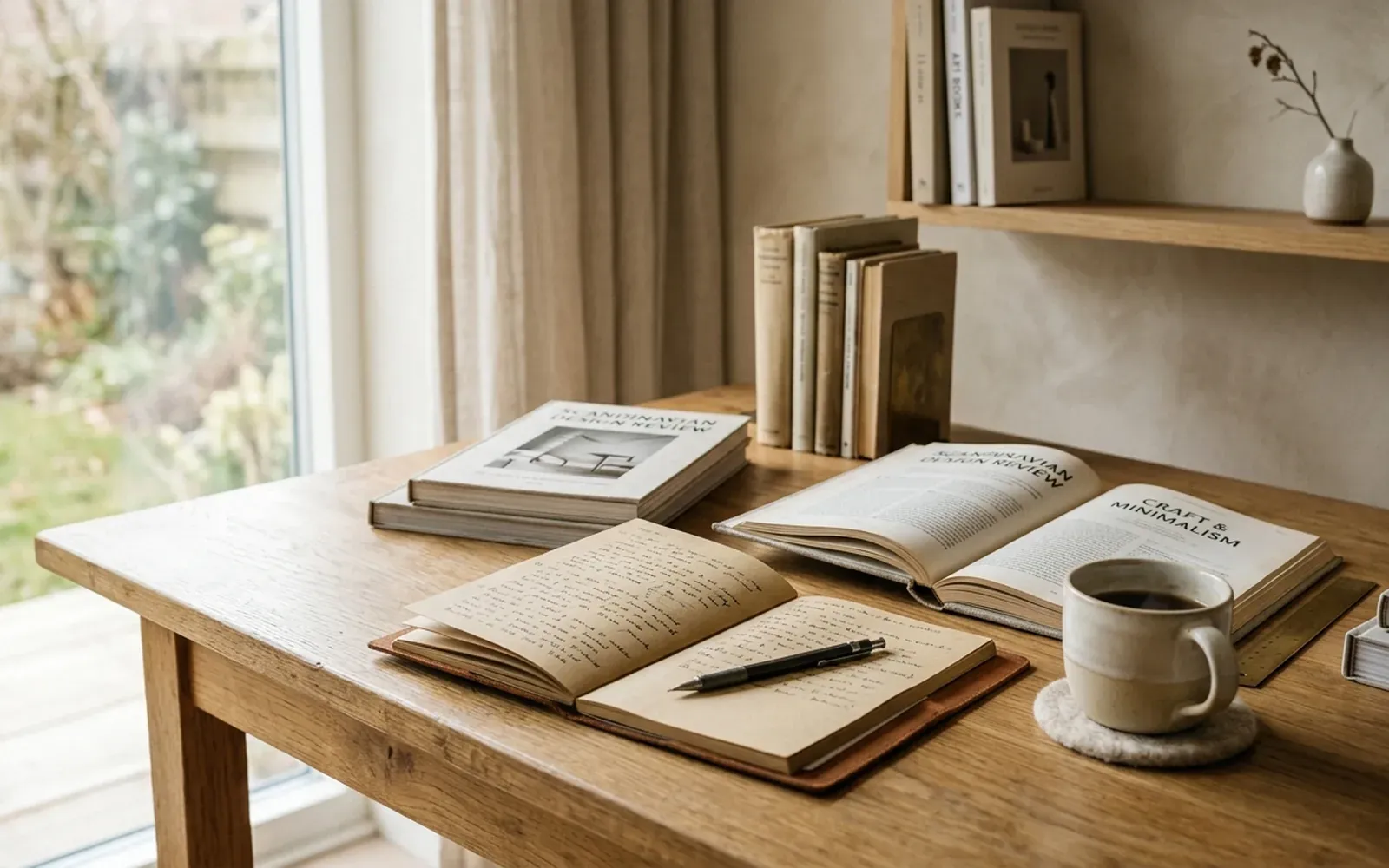 An editorial desk with books and an open notebook